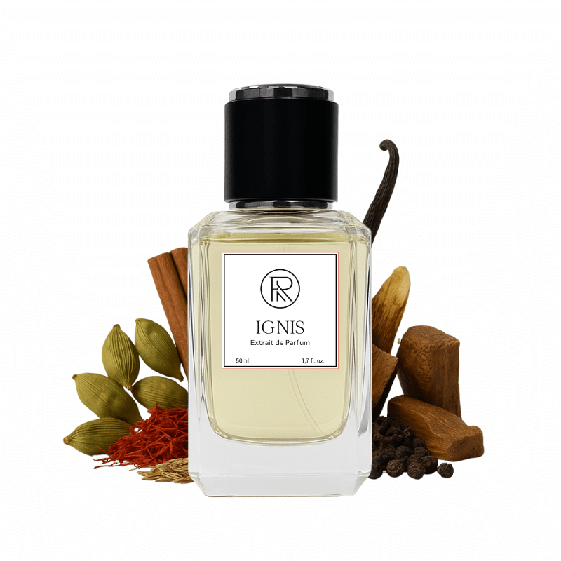 Frago IGNIS perfume bottle with fruits – spicy amber fragrance
